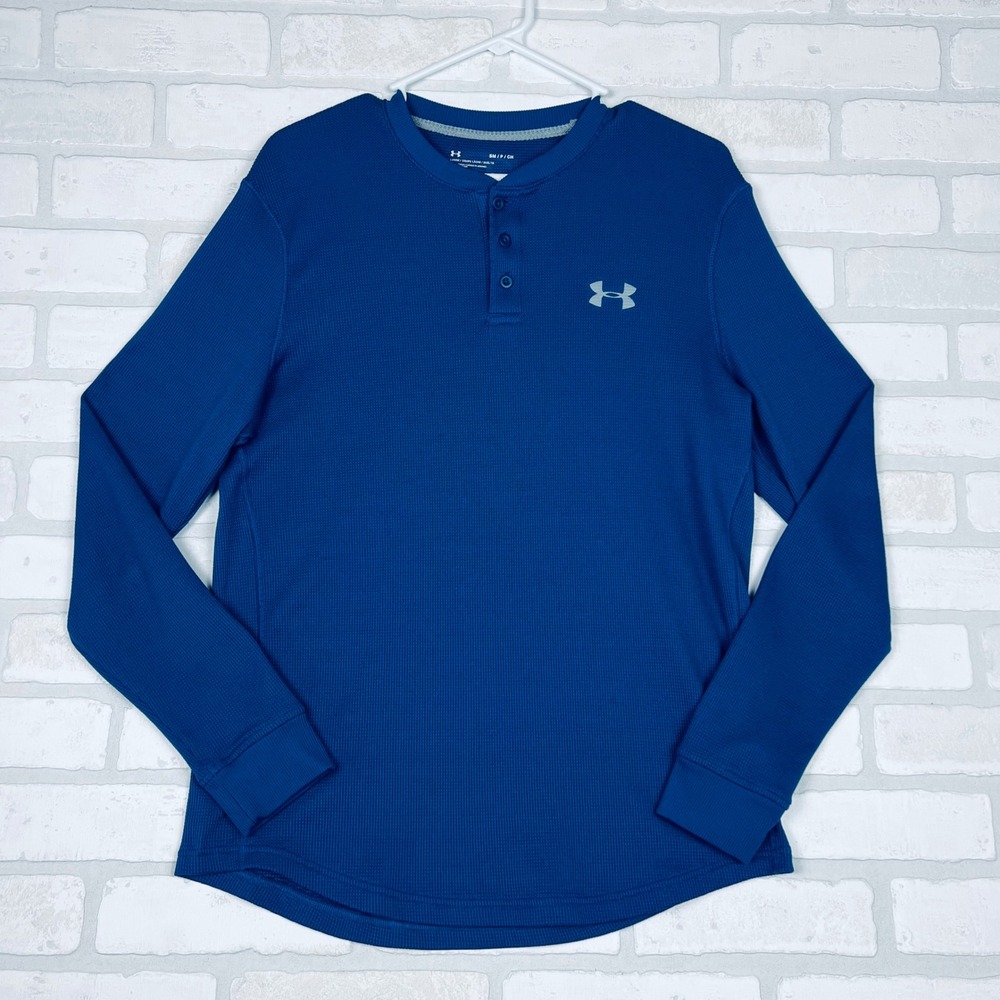 Under Armour Mens Blue Waffle Knit Henley Long Sleeve Shirt Loose Fit Small